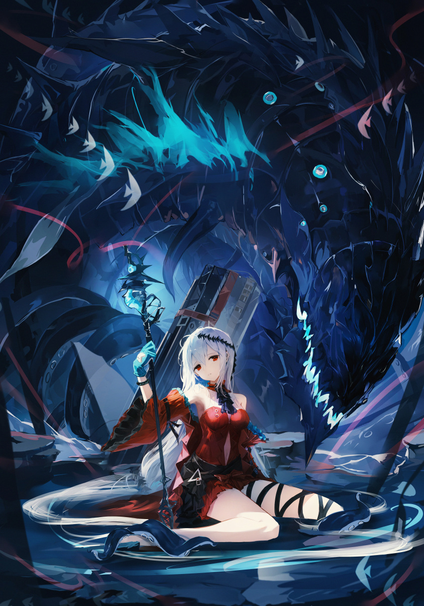 1girl, absurdres, akira_(fxuc5438), aqua_gloves, arknights, ascot, black_ascot, black_ribbon, bubble, case, closed_mouth, clothing_cutout, collar, commentary, detached_sleeves, dress, expressionless, fish, frilled_sleeves, frills, full_body, gloves, grey_hair, hair_ornament, highres, holding, holding_staff, infection_monitor_(arknights), leg_ribbon, long_hair, looking_at_viewer, low-tied_long_hair, monster, navel, navel_cutout, no_headwear, official_alternate_costume, red_collar, red_dress, red_eyes, red_sleeves, ribbon, sitting, skadi_(arknights), skadi_the_corrupting_heart_(arknights), solo, staff, tentacles, very_long_hair, wariza, wide_sleeves
