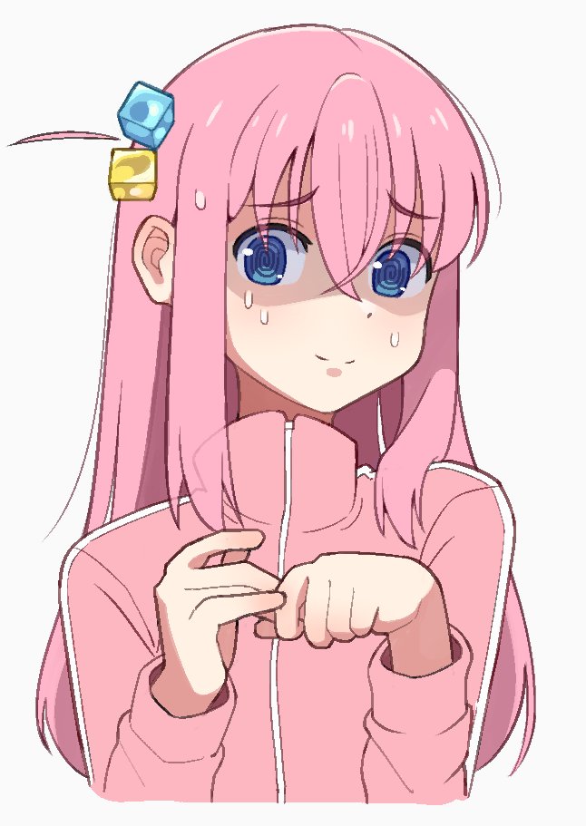 1girl, @_@, blue_eyes, bocchi_the_rock!, calponpon, closed_mouth, commentary, cropped_torso