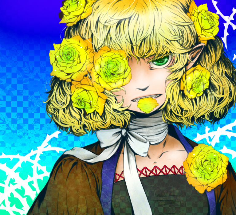 1girl, ameya_nihachi, bandaged_neck, bandages, bangs, black_shirt, blonde_hair, blue_background
