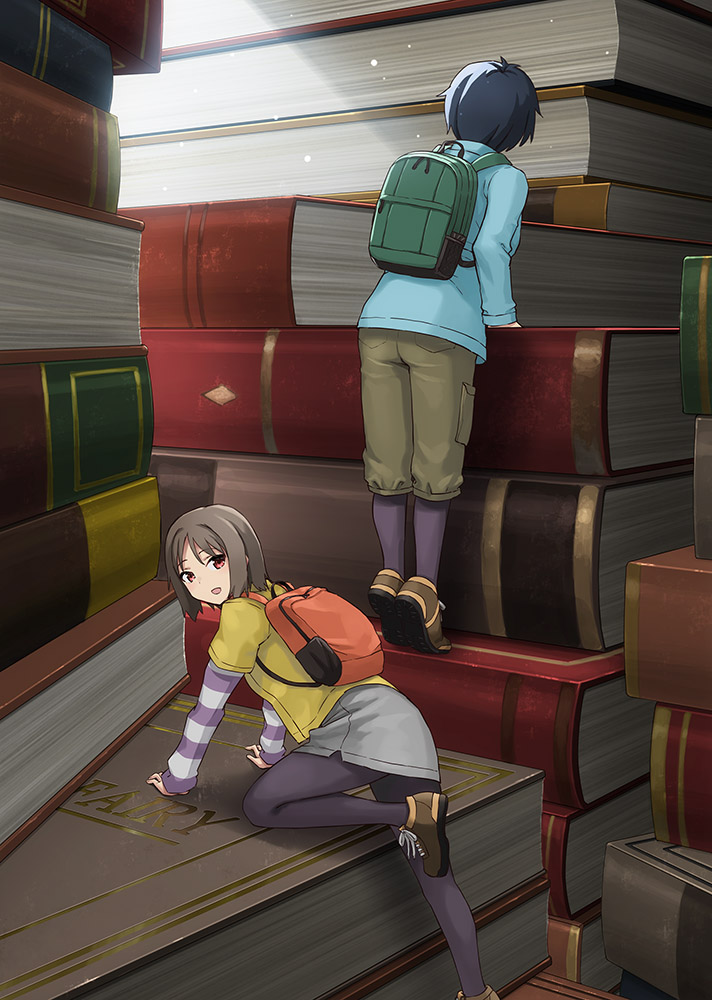 2girls, backpack, bag, black_hair, book, brown_hair, climbing, hashi