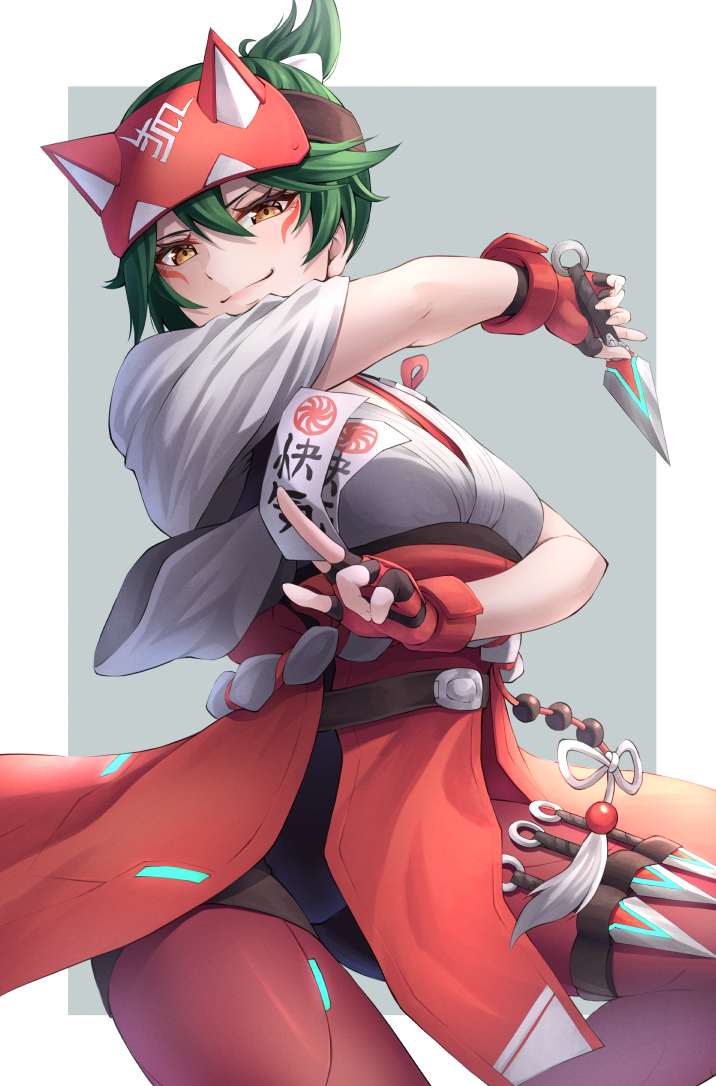 1girl, animal_ears, arm_across_chest, bangs, between_fingers, border, breasts, brown_eyes, closed_mouth, dagger, facial_mark, fake_animal_ears, fingerless_gloves, forehead_protector, fox_ears, gloves, green_hair, holding, holding_dagger, holding_paper, holding_weapon, holster, japanese_clothes, kimono, kiriko_(overwatch), knife, kunai, looking_at_viewer, overwatch, paper, ponytail, solo, talisman, ten_(tenchan_man), thigh_holster, v-shaped_eyebrows, weapon, white_border, white_kimono
