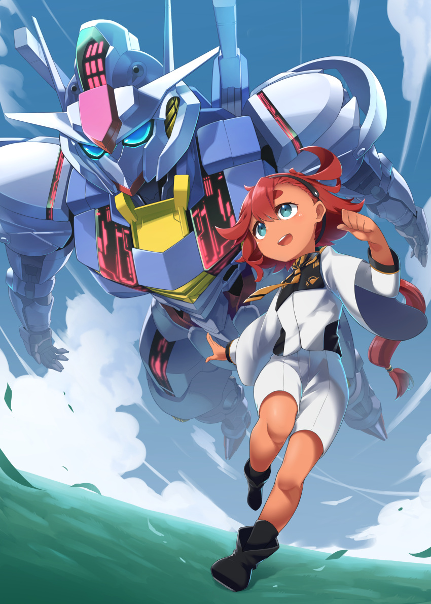 1girl, absurdres, ahoge, bangs, black_hairband, blue_eyes, boots, clouds, cloudy_sky, commentary, dark-skinned_female, dark_skin, flying, from_below, grasslands, gundam, gundam_aerial, gundam_suisei_no_majo, hairband, highres, long_hair, low-tied_long_hair, low_ponytail, mecha, mobile_suit, necktie, redhead, robot, running, school_uniform, shorts, sky, smile, suletta_mercury, toyuri_(angrm), v-fin
