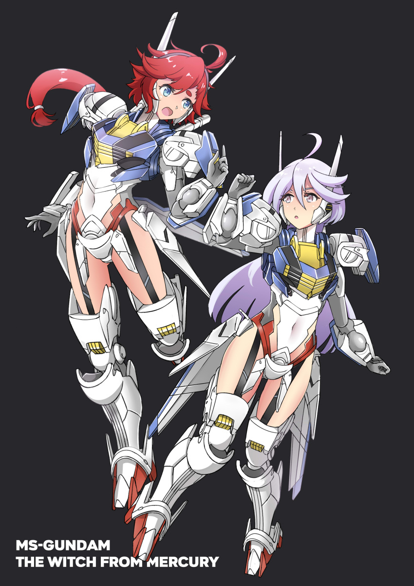 2girls, absurdres, ahoge, armor, black_background, blue_eyes, cosplay, english_commentary, grey_eyes, gundam, gundam_aerial, gundam_aerial_(cosplay), gundam_suisei_no_majo, hairband, highres, long_hair, low_ponytail, mecha_musume, miorine_rembran, mobile_suit_gundam, multiple_girls, redhead, sudhiro_sappurisa, suletta_mercury, white_hair
