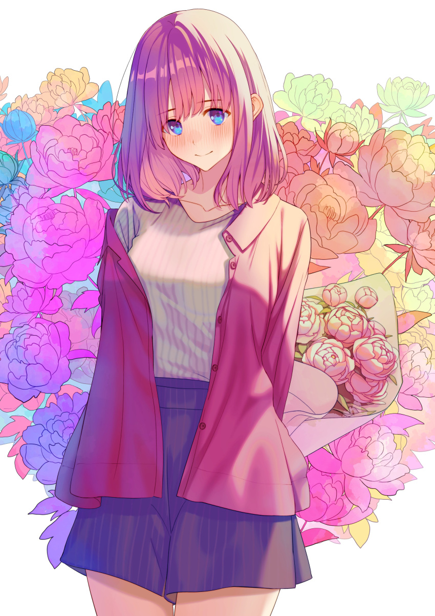 07nono06, 1girl, absurdres, black_skirt, blue_eyes, blush, bouquet, collarbone