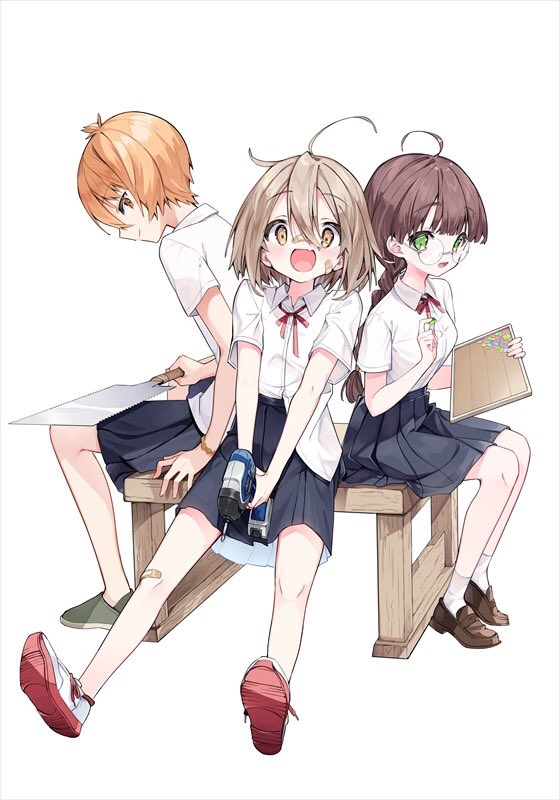 3girls, ahoge, artist_request, bandaid, bandaid_on_cheek, bandaid_on_face, bandaid_on_leg, bandaid_on_nose