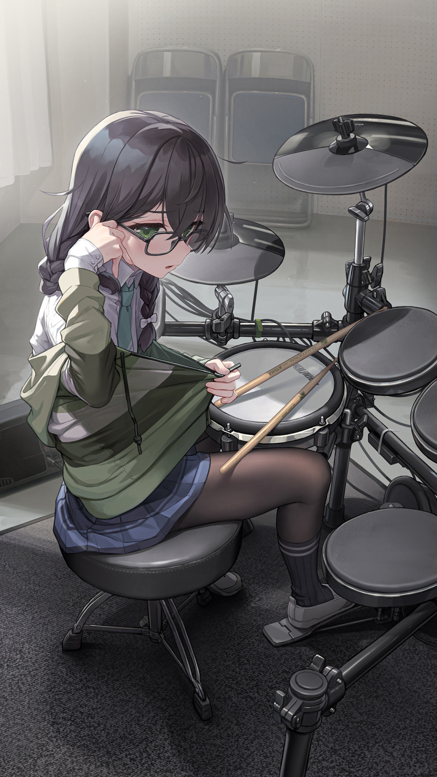 1girl, aqua_necktie, bangs, black_hair, blue_skirt, braid, braided_ponytail, brown_pantyhose