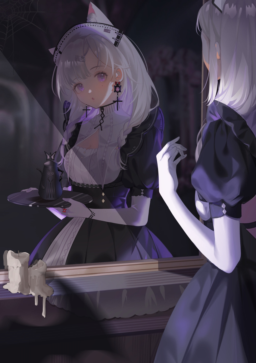 1girl, :o, absurdres, animal_ear_fluff, animal_ears, arknights, black_dress, bracelet, braid, candle, cat_ears, colored_inner_hair, different_reflection, dress, elbow_gloves, gloves, highres, holding, holding_tray, indoors, jewelry, kazemaru_(arknights), kazemaru_(like_illusion)_(arknights), long_hair, looking_at_viewer, maid, maid_headdress, mirror, multicolored_hair, official_alternate_costume, parted_lips, puffy_short_sleeves, puffy_sleeves, purple_hair, reflection, ring, short_sleeves, teapot, tray, twin_braids, two-tone_hair, violet_eyes, white_gloves, white_hair