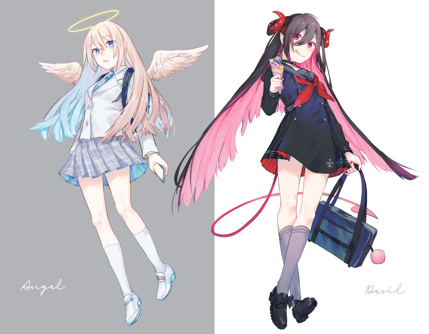 2girls, angel, angel_wings, bag, bangs, black_hair, blue_eyes, blue_hair