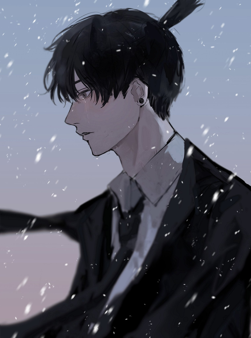 1boy, armless, bangs, black_hair, black_necktie, chainsaw_man, collared_shirt, crying