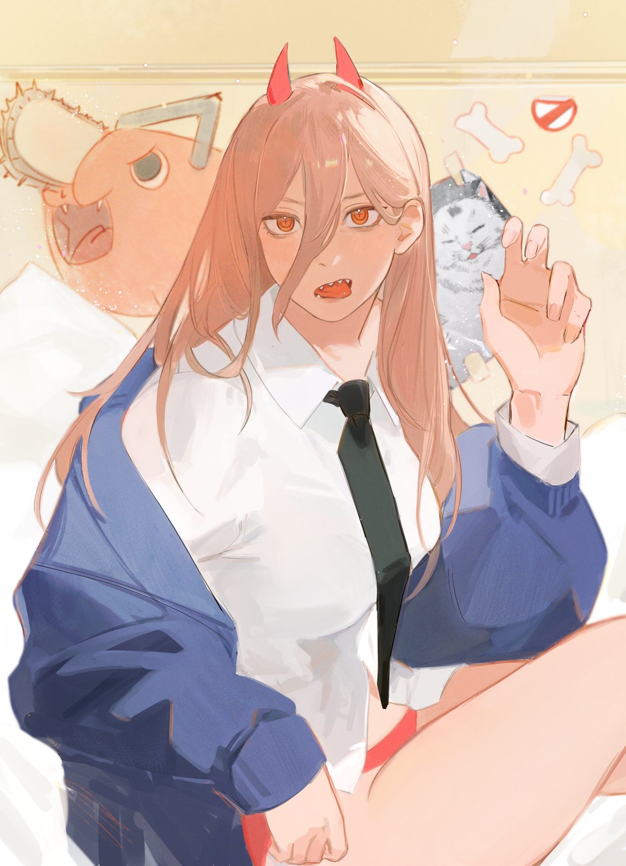 1girl, black_necktie, blue_jacket, bone, breasts, cartoon_bone, cat, chainsaw