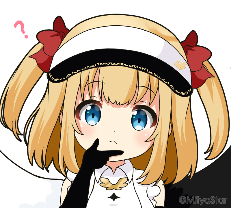 1girl, ?, bangs, black_gloves, black_headwear, black_wings, blonde_hair, blue_eyes