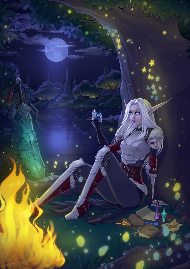 armor, avatar_(wow), campfire, colored_skin, elf, forest, full_moon, long_pointy_ears
