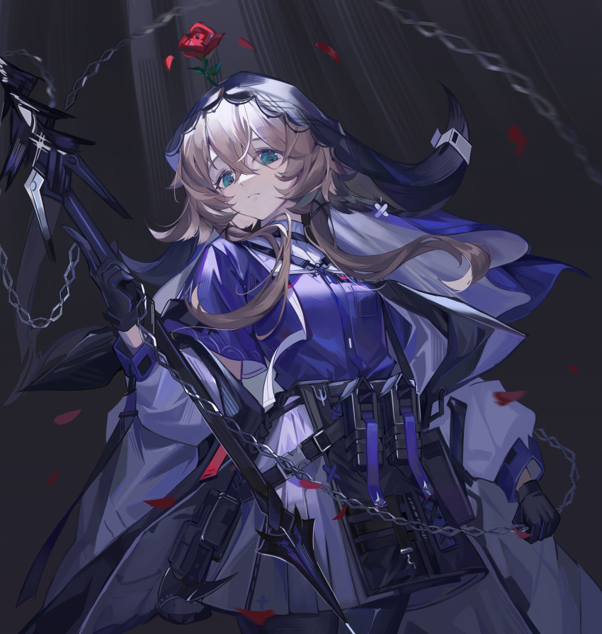 1girl, absurdres, animal_ears, arknights, black_background, black_gloves, black_pantyhose, blue_eyes