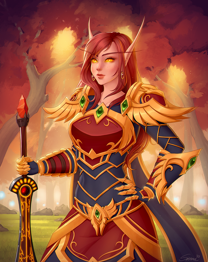 1girl, armor, blood_elf_(warcraft), breastplate, elf, forest, glowing, glowing_eyes, holding, long_hair, long_pointy_ears, nature, paladin_(warcraft), pointy_ears, red_armor, redhead, shoulder_armor, sienna_artwork, tree, warcraft, weapon, world_of_warcraft, yellow_eyes