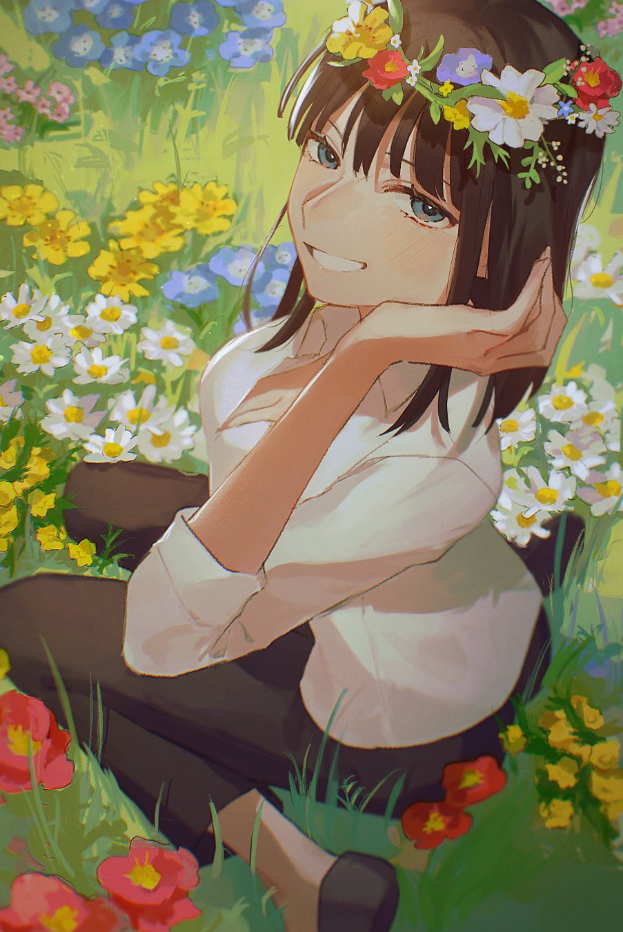 1girl, bangs, black_hair, black_pants, blue_eyes, blunt_bangs, field, flower