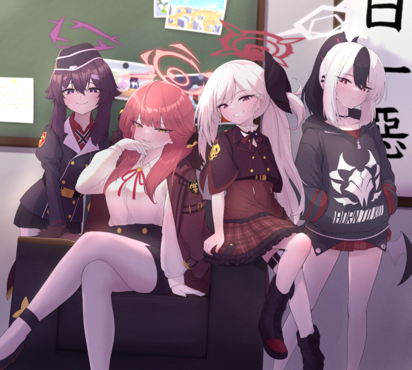 4girls, absurdres, armchair, aru_(blue_archive), bangs, belt, black_footwear, black_hair