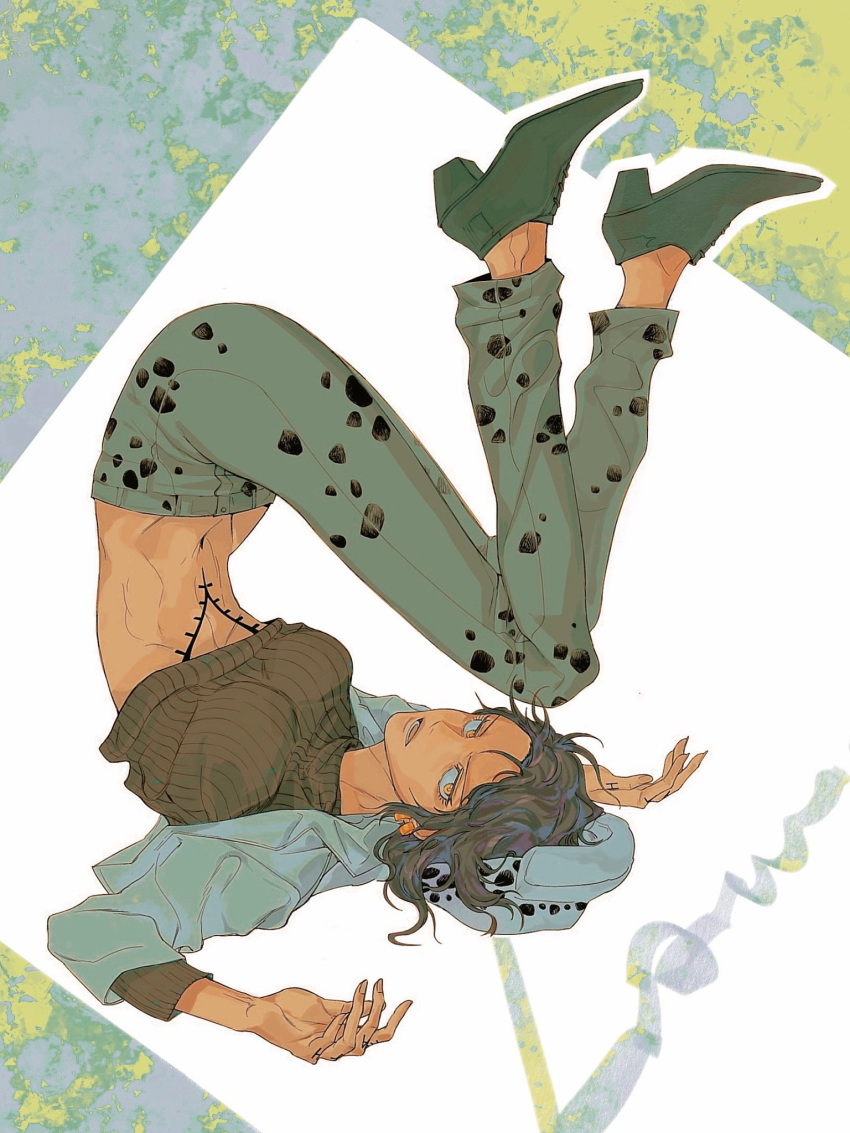 1girl, alternate_costume, blue_hair, chest_tattoo, dark_blue_hair, denim, genderswap, genderswap_(mtf), hat, highres, jacket, jeans, long_sleeves, looking_at_viewer, midriff, navel, one_piece, pants, shoes, short_hair, skinny, solo, sweater, tattoo, toongue, trafalgar_law, upside-down, white_jacket, yellow_eyes