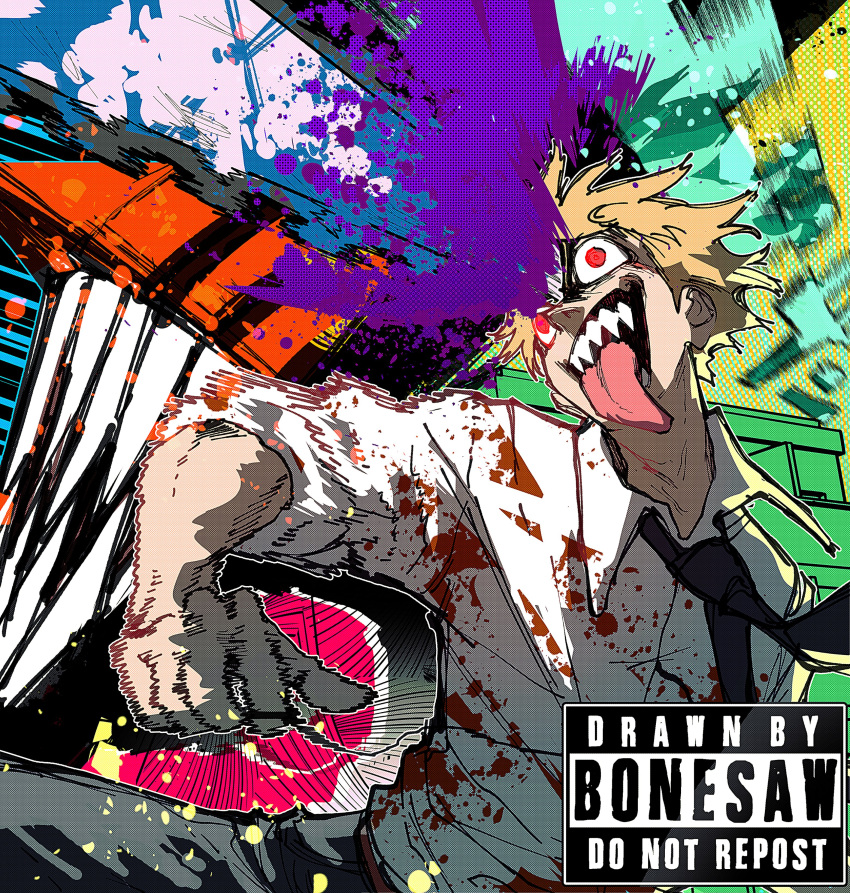 1boy, absurdres, artist_name, bangs, black_necktie, blonde_hair, blood, blood_on_clothes, bonesaw_(artist), chainsaw, chainsaw_man, collared_shirt, denji_(chainsaw_man), highres, necktie, open_mouth, red_eyes, sharp_teeth, shirt, short_hair, sleeves_rolled_up, solo, string_pull, stylized_blood, teeth, tongue, tongue_out, white_shirt