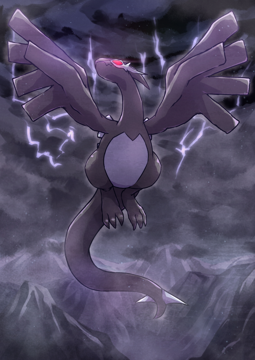 closed_mouth, clouds, cloudy_sky, commentary_request, fang, flying, from_below, highres
