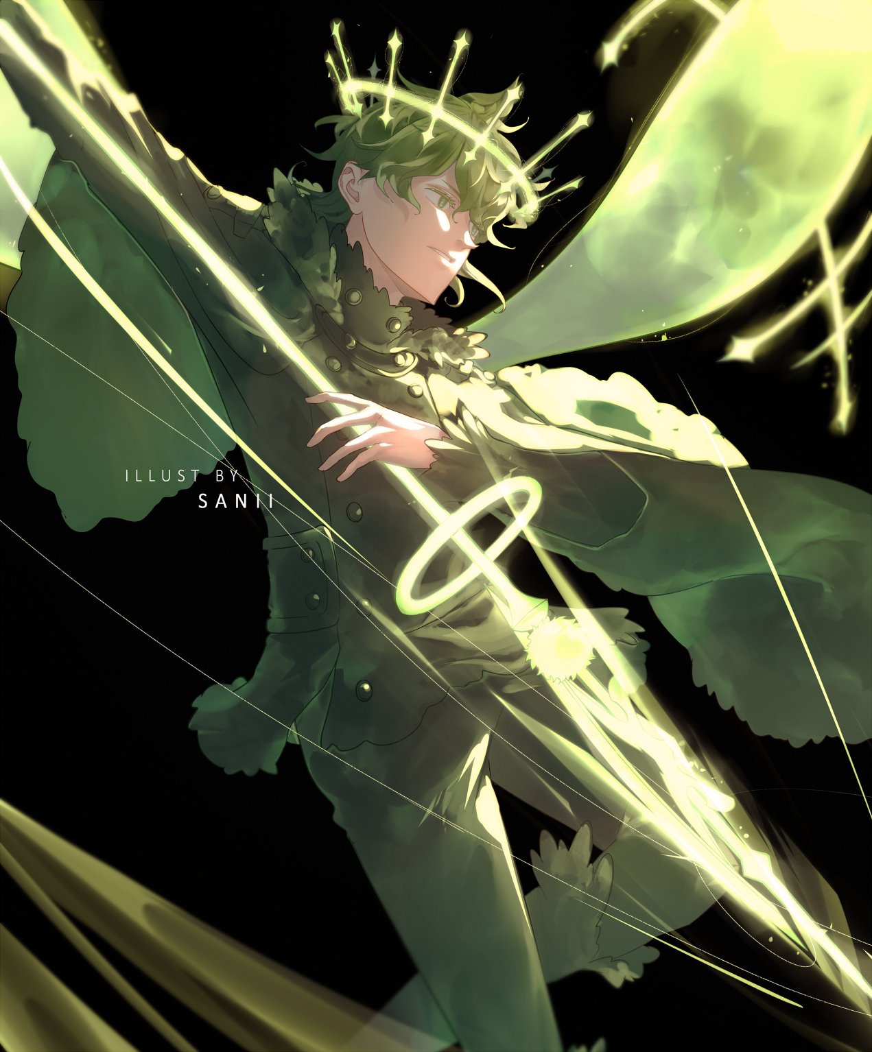 1boy, black_background, black_clover, coat, colored_eyelashes, fairy_wings, fur-trimmed_coat, fur_trim