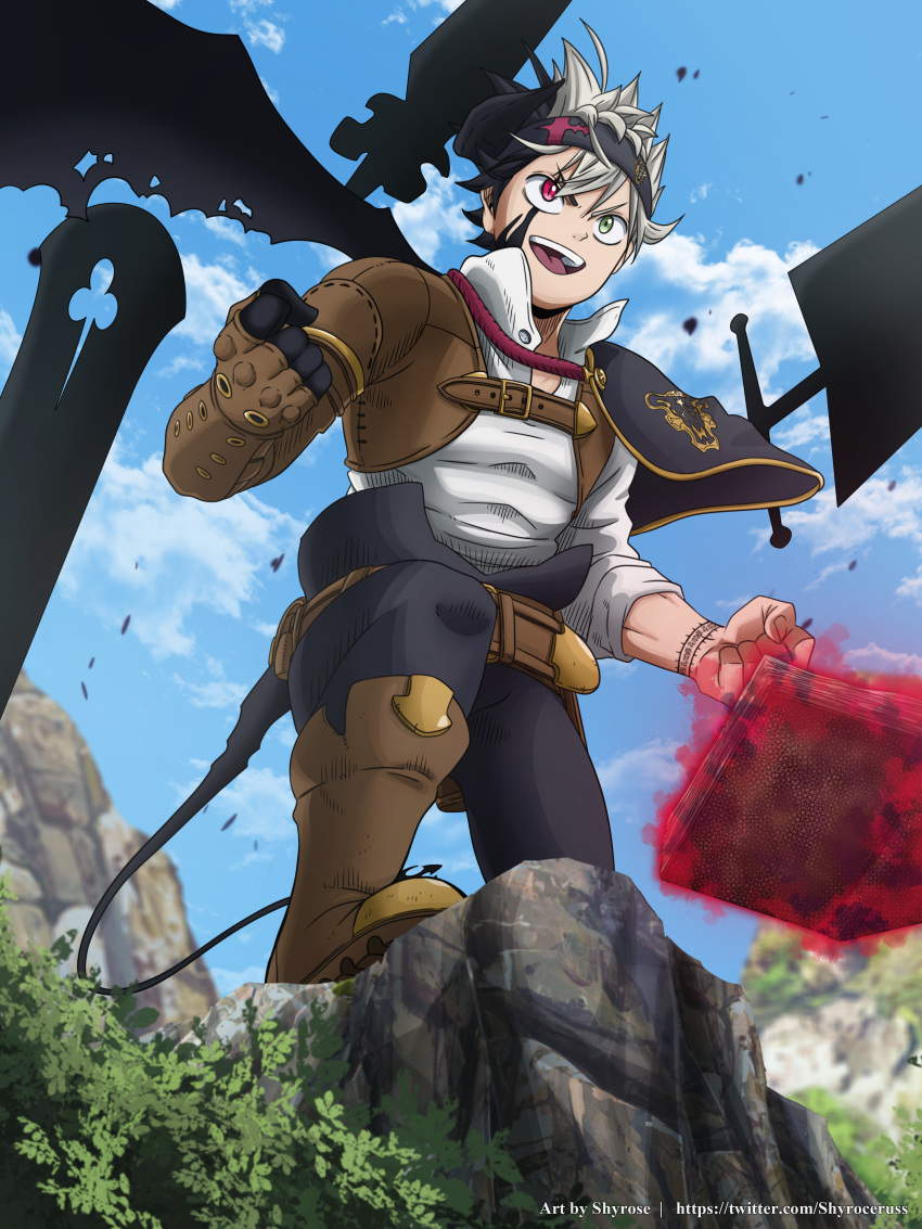absurdres, asta_(black_clover), black_capelet, black_clover, book, capelet, demon_horns, demon_tail