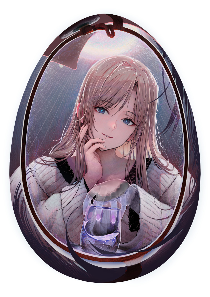 1girl, absurdres, blonde_hair, cup, hand_on_own_cheek, hand_on_own_face, highres, holding