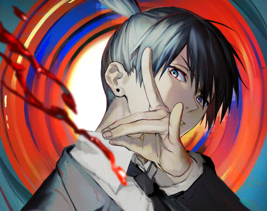 1boy, bangs, black_hair, black_necktie, blood, blue_eyes, chainsaw_man, collared_shirt