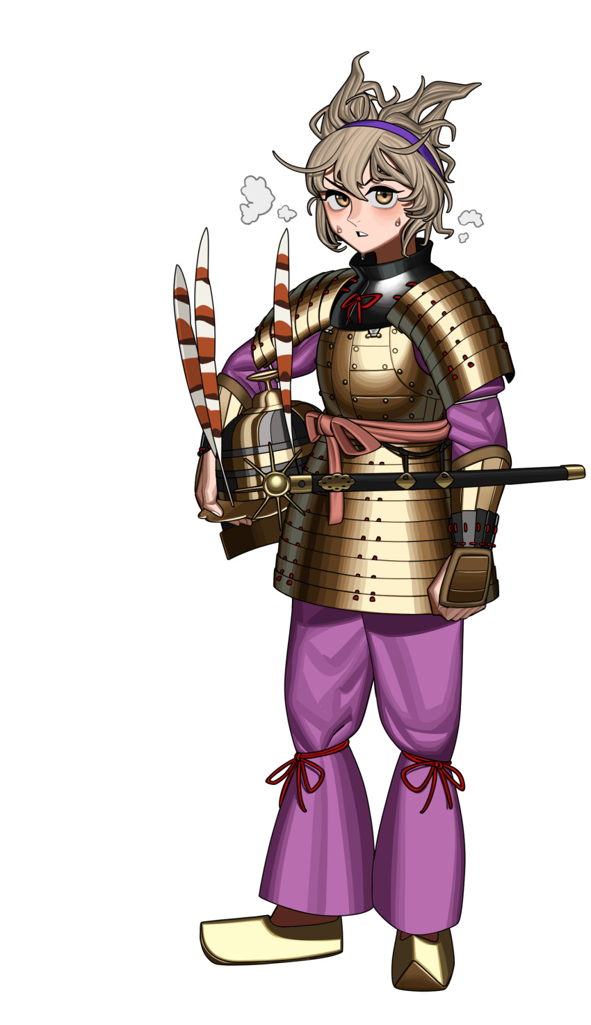 1girl, absurdres, armor, blonde_hair, hair_ornament, headwear_removed, helmet, helmet_removed