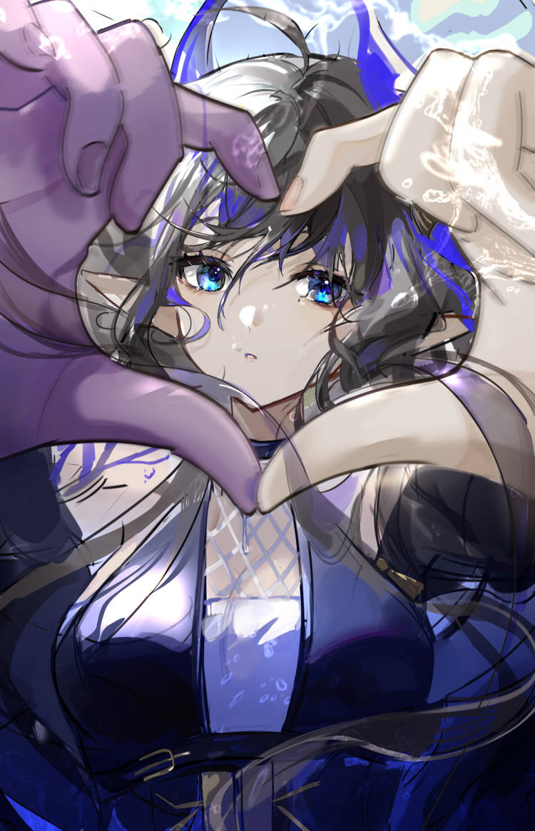 1girl, ahoge, arknights, black_hair, black_shirt, blue_eyes, blue_hair, hands_up