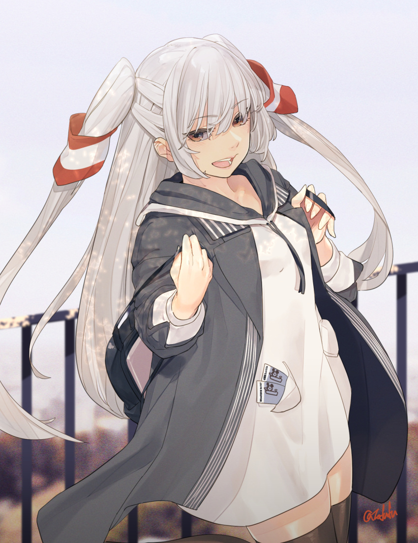 1girl, amatsukaze_(kancolle), black_thighhighs, brown_eyes, coat, cowboy_shot, drawstring, dress