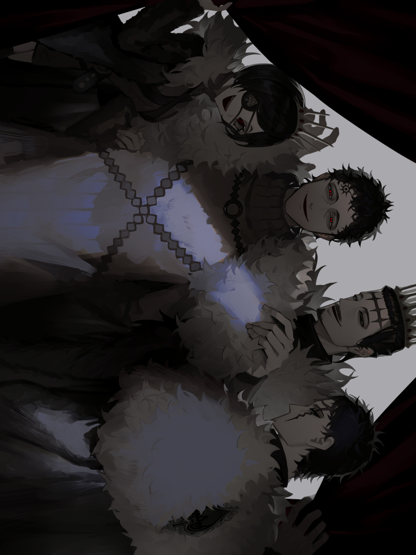 1girl, 3boys, absurdres, black_clover, dante_zogratis, frit_2, fur, greyscale