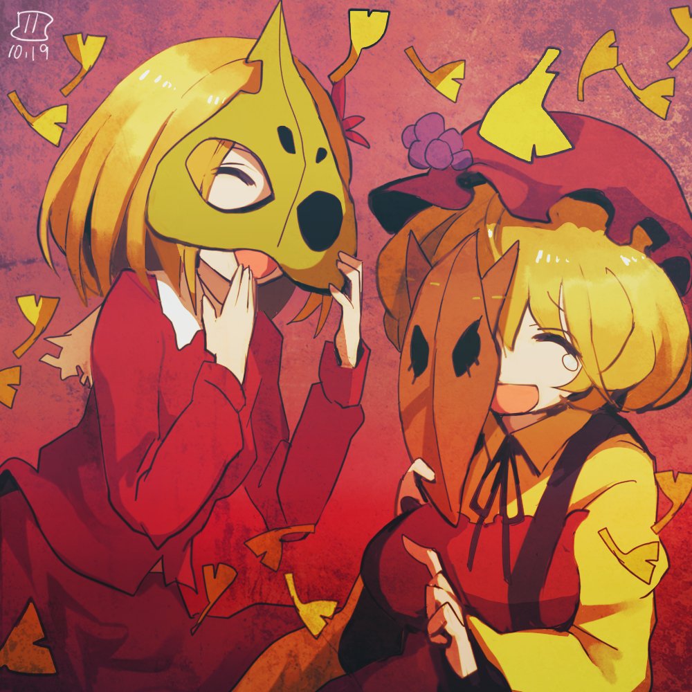 2girls, aki_minoriko, aki_shizuha, apron, autumn_leaves, blonde_hair, closed_eyes, food