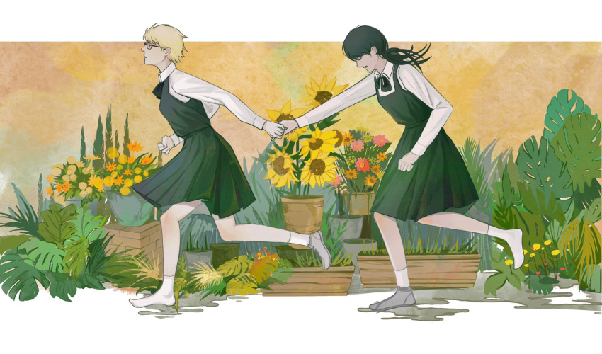 2girls, black_dress, black_hair, blonde_hair, chainsaw_man, dress, flower, grass