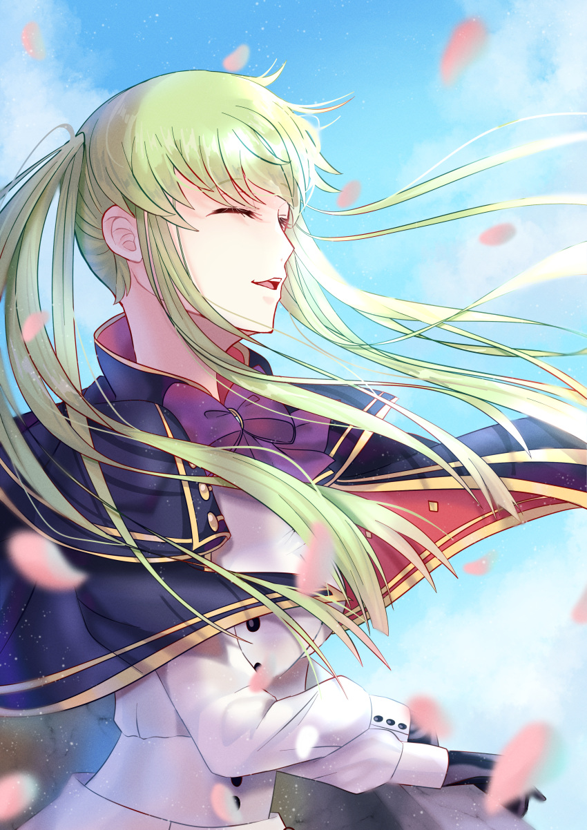 1girl, absurdres, artoria_caster_(fate), artoria_caster_(fate)_(cosplay), artoria_pendragon_(fate), black_gloves, blue_capelet, bow