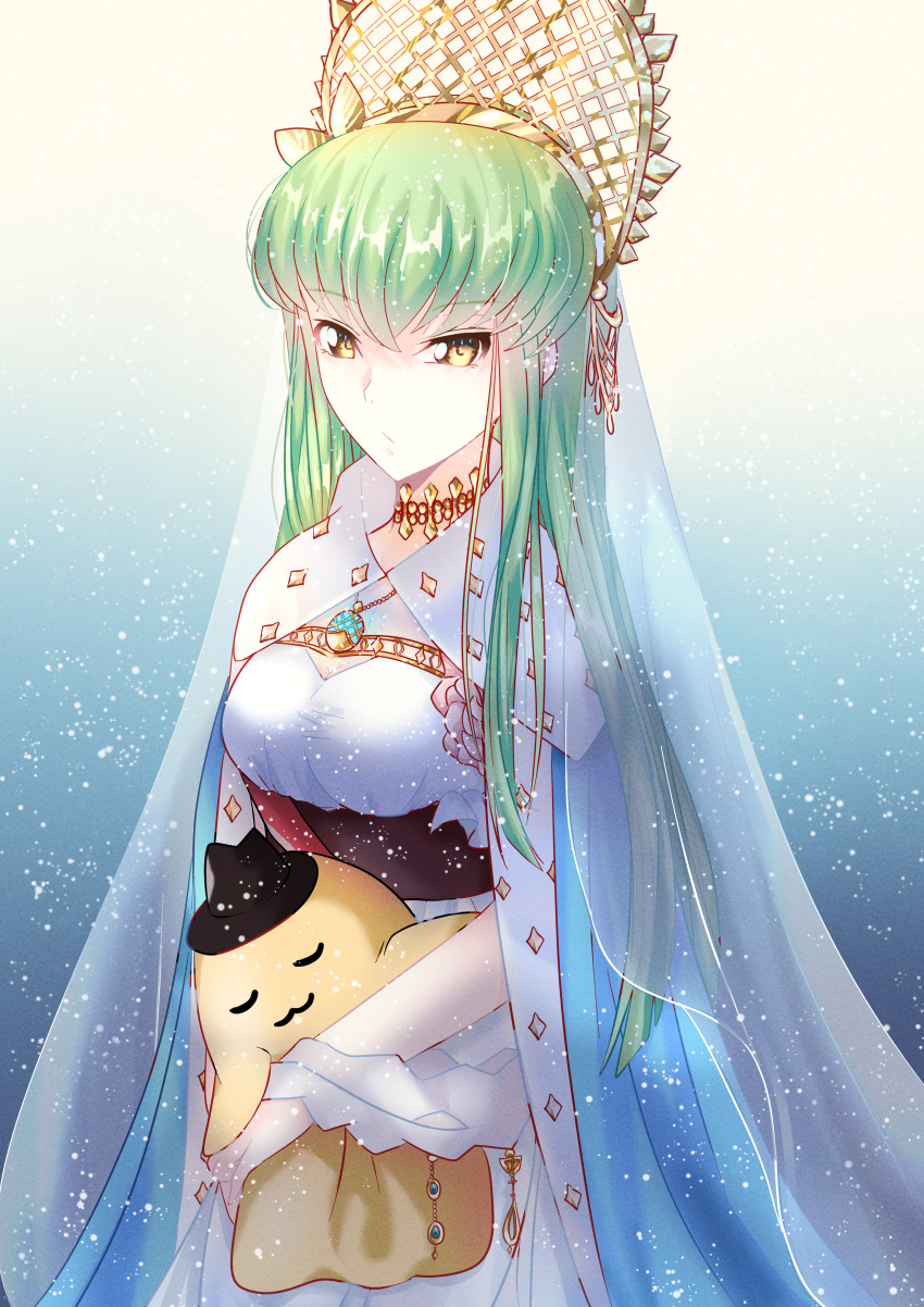 1girl, absurdres, anastasia_(fate), anastasia_(fate)_(cosplay), bangs, blue_background, blue_capelet, breasts