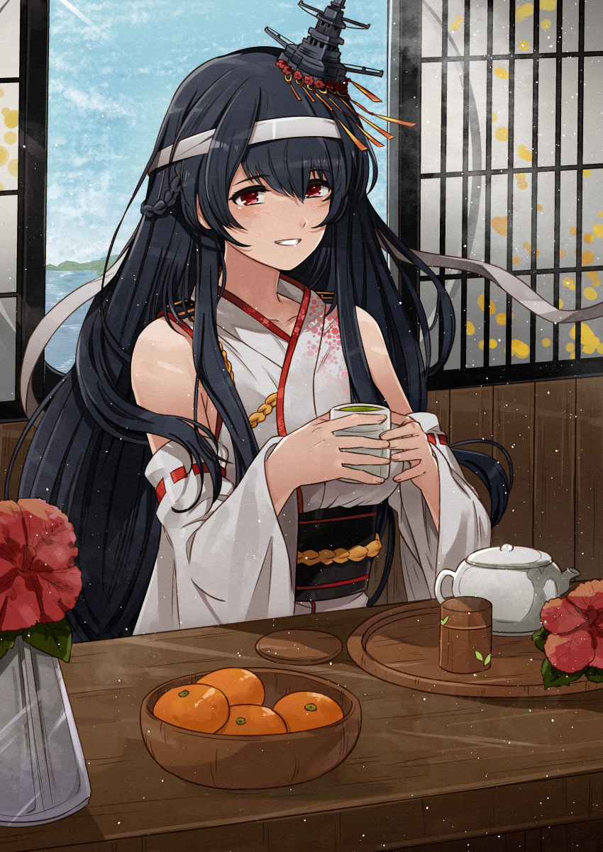 1girl, absurdres, black_hair, braid, commission, cup, detached_sleeves, flower, food, french_braid, fruit, fusou_(kancolle), fusou_kai_ni_(kancolle), hairband, headgear, highres, holding, holding_cup, japanese_clothes, kanmiya_shinobu, kantai_collection, kimono, long_hair, nontraditional_miko, parted_lips, red_eyes, ribbon-trimmed_sleeves, ribbon_trim, sash, sitting, skeb_commission, sky, smile, sunlight, table, teacup, very_long_hair, window, wooden_table