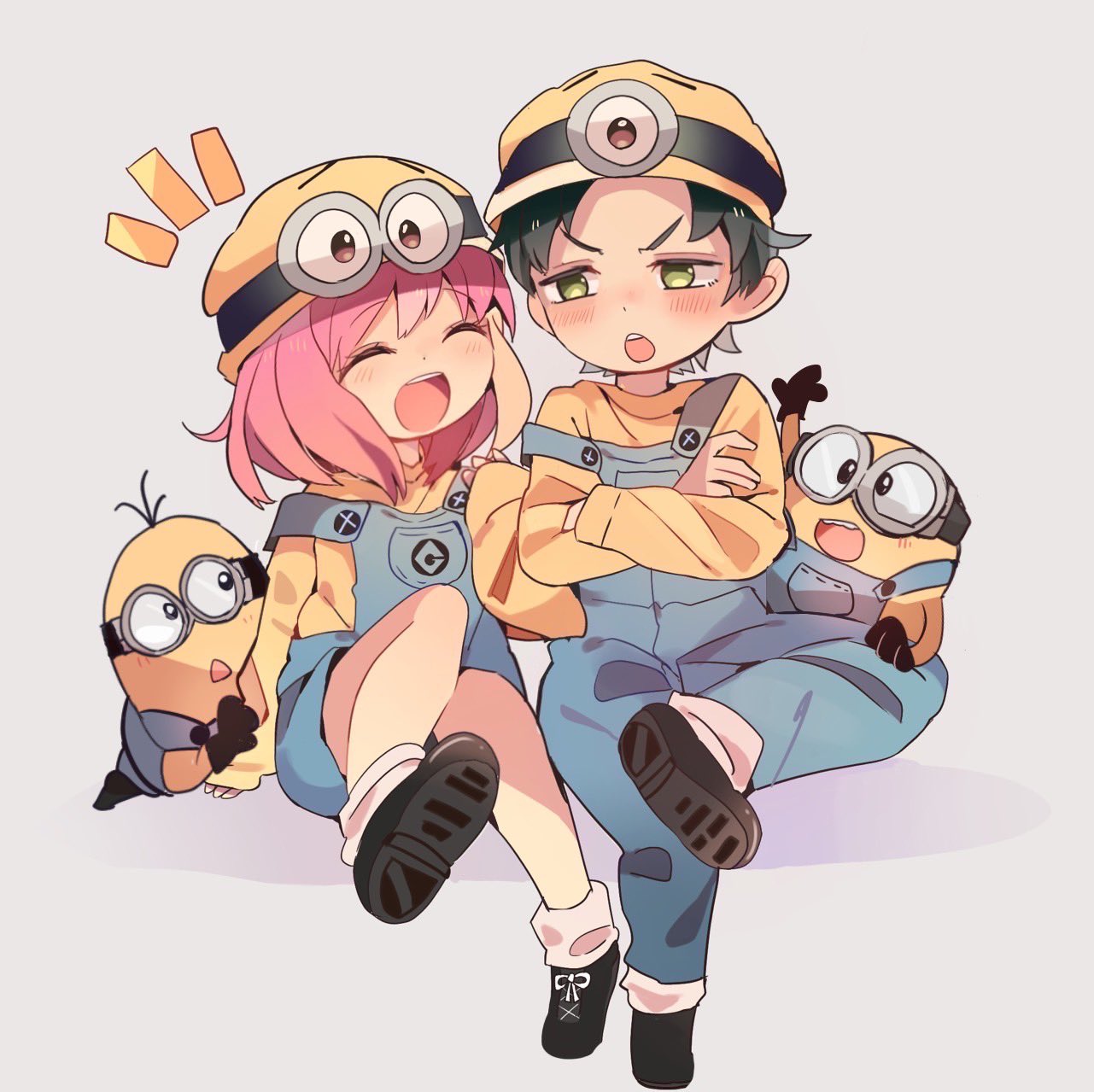 1boy, 1girl, 2others, anya_(spy_x_family), bangs, black_footwear, black_hair, blush