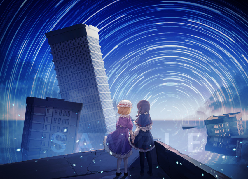 2girls, apocalypse, back, black_capelet, black_pantyhose, black_skirt, blonde_hair, blue_sky