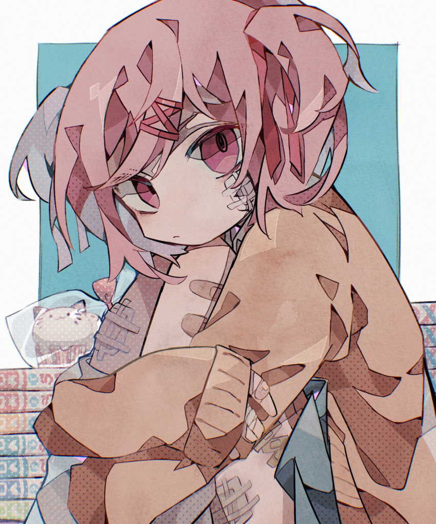 1girl, animal-shaped_food, bandaged_fingers, bandages, bandaid, bandaid_on_face, bandaid_on_hand, bandaid_on_leg, bangs, blue_skirt, book, book_stack, closed_mouth, cupcake, doki_doki_literature_club, feet_out_of_frame, food, hair_ornament, hairclip, highres, hugging_own_legs, knees_up, long_sleeves, looking_at_viewer, manga_(object), medium_hair, natsuki_(doki_doki_literature_club), orange_sweater, pink_eyes, pink_hair, skirt, sleeves_past_wrists, solo, soresaki, sweater, two_side_up