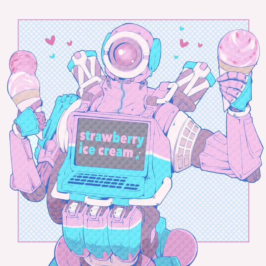 1boy, alternate_color, apex_legends, apex_legends_mobile, border, english_text, heart, highres, holding_ice_cream, humanoid_robot, one-eyed, pathfinder_(apex_legends), pink_eyes, polka_dot, polka_dot_background, reian, robot, screen, solo, upper_body, white_border