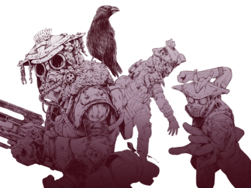 1other, ambiguous_gender, animal_on_shoulder, apex_legends, apex_legends_mobile, bird, bird_on_shoulder, bloodhound_(apex_legends), blue_dragon_bloodhound, clenched_hand, crow, energy_gun, fur-trimmed_jacket, fur_trim, goggles, gun, head_tilt, helmet, highres, holding, holding_gun, holding_weapon, jacket, l-star, mask, monochrome, multiple_views, official_alternate_costume, open_hand, pants, rebreather, reian, running, snow_prints_bloodhound, weapon