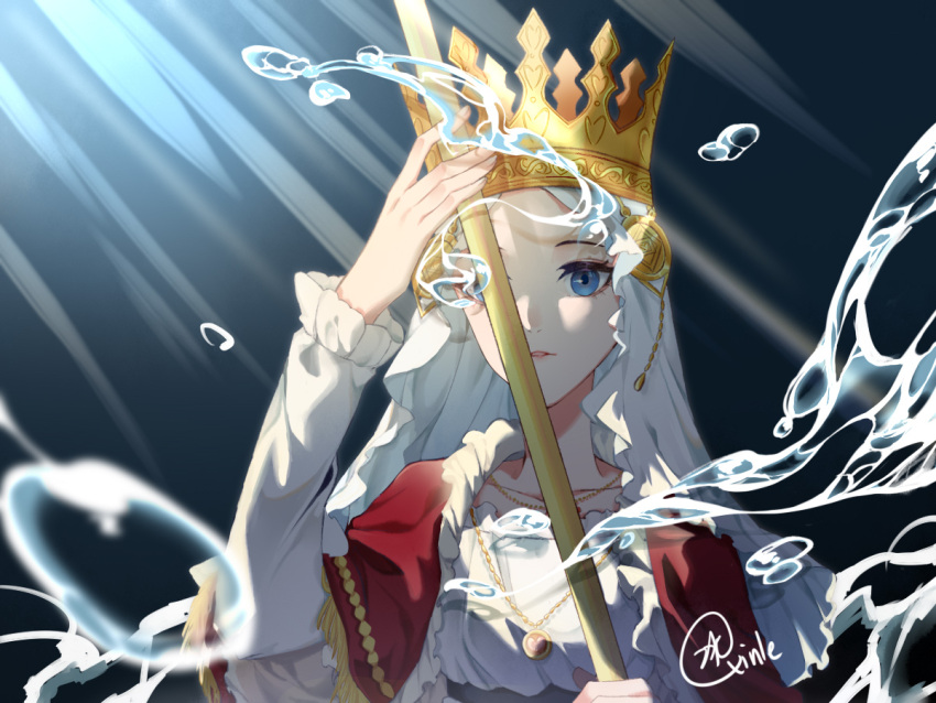 aisuqinle, black_clover, black_hair, blue_eyes, crown, dress, holding, holding_staff