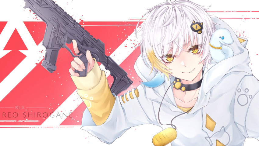1boy, apex_legends, assault_rifle, black_collar, blonde_hair, character_name, collar, collarbone