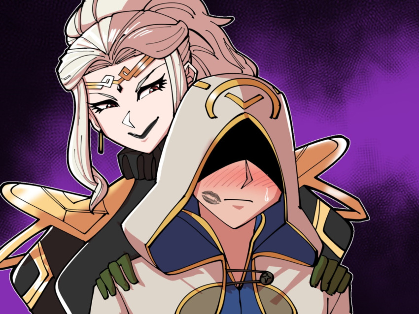 1boy, 1girl, blush, circlet, clothes_pin, commission, commissioner_upload, eyeshadow, fire_emblem, fire_emblem_heroes, gold_trim, hands_on_another's_shoulder, high_ponytail, hood, hooded_coat, kiran_(fire_emblem)_(male), letizia_(fire_emblem), lipstick, lipstick_mark, looking_at_another, makeup, mnejing30, nervous, no_eyes, ponytail, sidelocks, smile, sweatdrop, white_hair