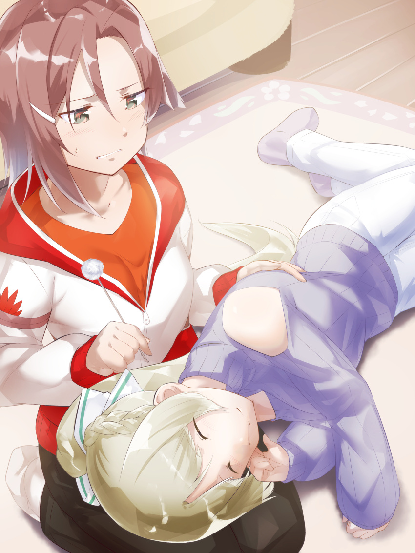 2girls, absurdres, bare_shoulders, blonde_hair, blush, brown_hair, closed_eyes, ear_cleaning, highres, lap_pillow, long_hair, lying_on_lap, masabou, mimikaki, miyoshi_karin, multiple_girls, nogi_sonoko, sitting, smile, sweater, wariza, yuuki_yuuna_wa_yuusha_de_aru, yuusha_de_aru