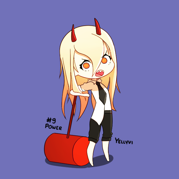 angry, artist_name, chainsaw_man, character_name, hammer, holding, holding_weapon, horns