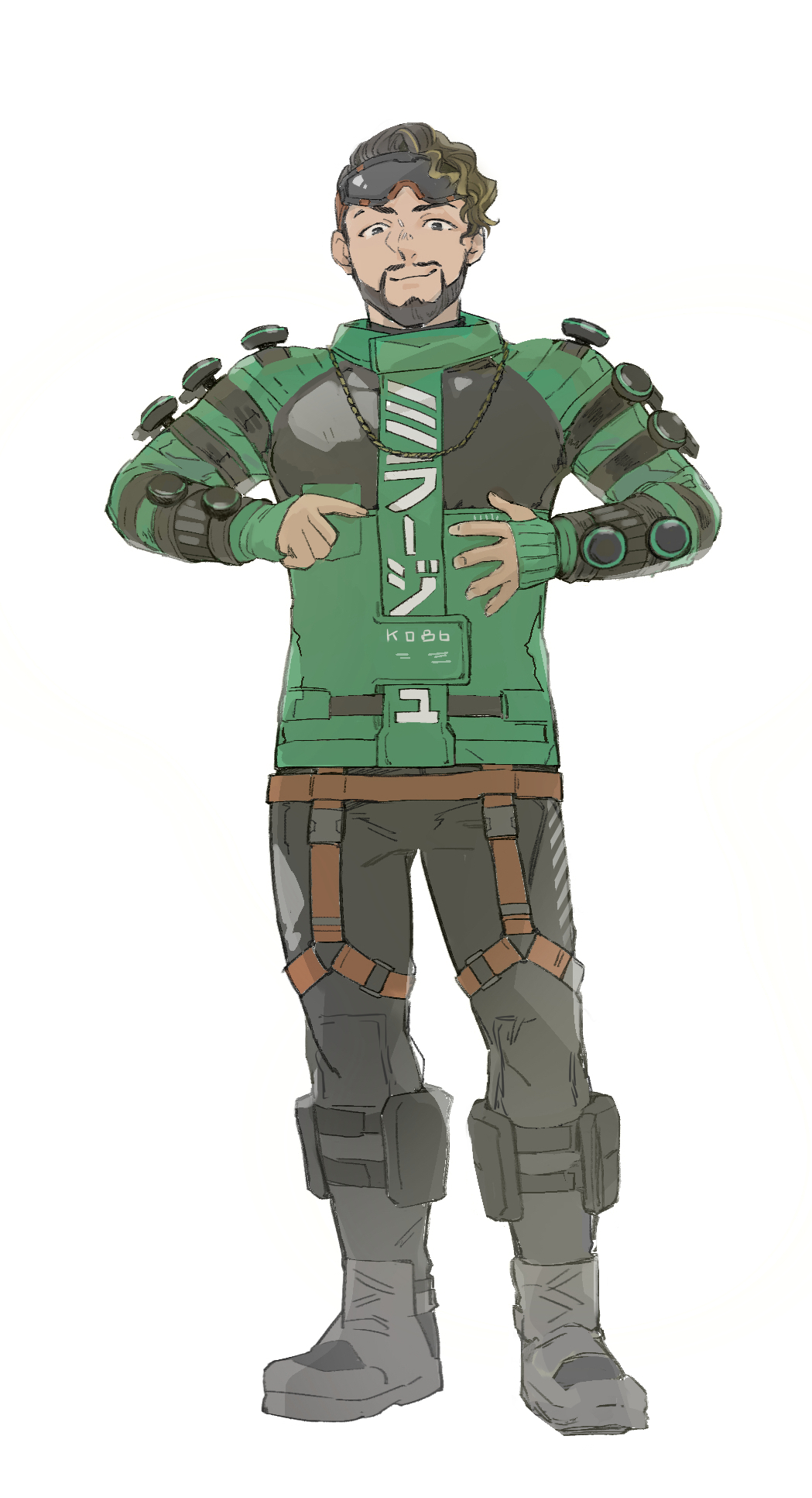 1boy, angel_city_hustler_mirage, animification, apex_legends, black_eyes, black_footwear, black_hair, black_pants, blonde_hair, boots, chain, character_name, colored_tips, eyebrow_cut, facial_hair, full_body, goatee, goggles, goggles_on_head, gold_chain, green_jacket, highres, jacket, male_focus, mirage_(apex_legends), mudu, multicolored_hair, official_alternate_costume, open_hand, pants, pointing, smile, solo, standing, straight-on, translated