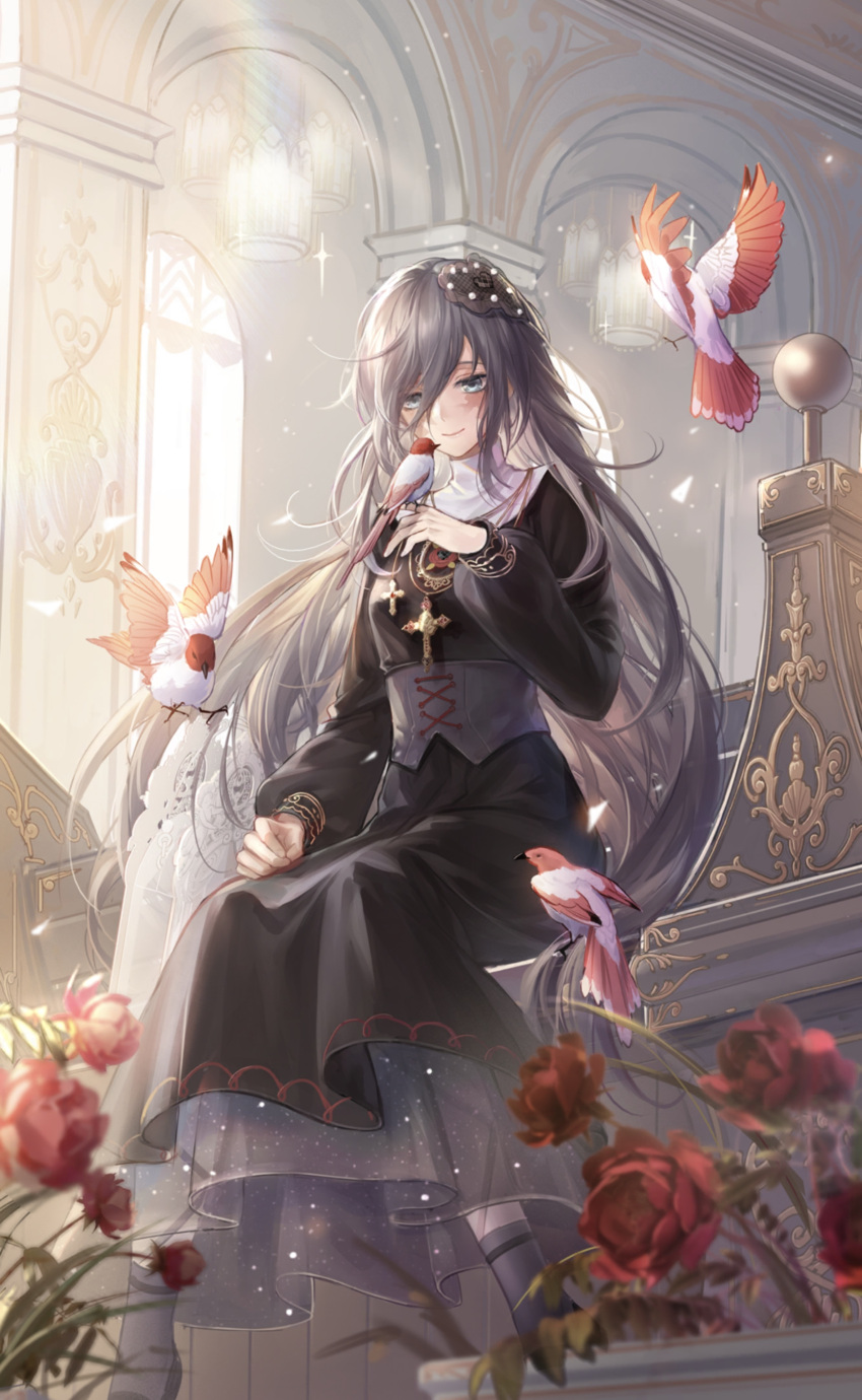 1girl, absurdres, arm_up, artist_request, bangs, bird, bird_on_hand, black_corset, black_footwear, black_headwear, blurry, blurry_foreground, commentary_request, corset, flower, grey_eyes, highres, indoors, lilith_(shining_nikki), long_hair, looking_at_animal, nun, rosary, rose, scar, scar_on_face, seat, shining_nikki, sitting, smile