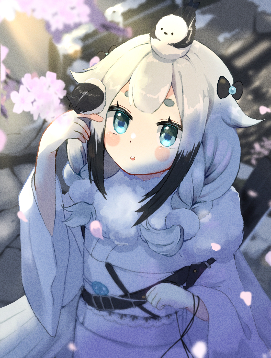1girl, :o, alchemy_stars, animal_on_head, bangs, bird, bird_on_head, bird_tail