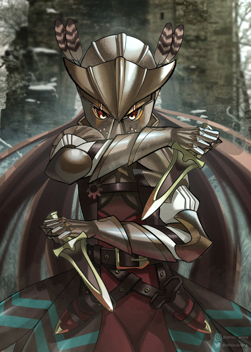 1girl, alternate_costume, armor, athies, belt, breastplate, brown_eyes, brown_hair